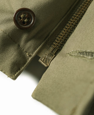 Olive field jacket close-up with metal zipper pull and dark round button