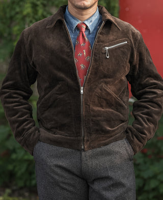 Brown corduroy cossack jacket front with stand collar, zip, chest zip pocket