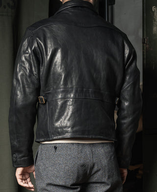 Black leather jacket back view with yoke seam and belt strap