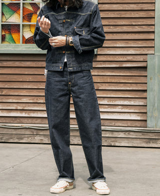 Indigo denim jeans with button fly, copper hardware, straight fit