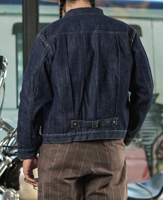 Indigo denim Type 1 jacket with blanket lining and dark belt at waist