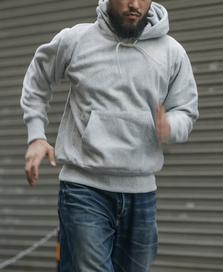 Gray pullover hoodie with front kangaroo pocket and drawstring hood