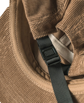 Khaki corduroy 5-panel cap with adjustable black webbing strap