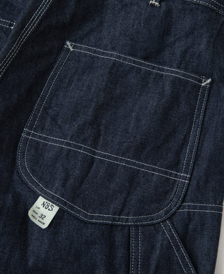 Indigo denim painter pants, large front pocket with "Sanford Work Clothes" size label