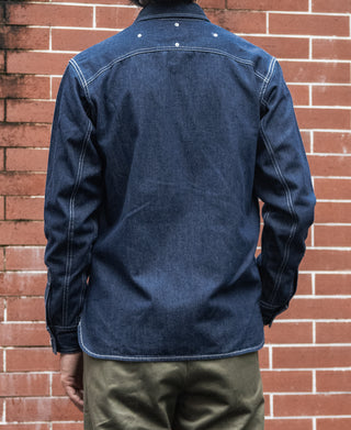 Denim workshirt in dark denim blue, back yoke and button placket, long sleeves