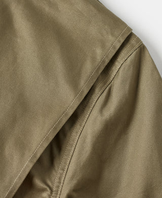 Khaki green jacket shoulder yoke with stitched panels and inner seam