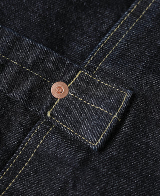 Indigo denim jacket snap button with square panel and yellow contrast stitching