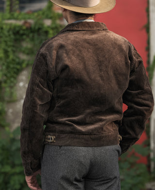 Brown corduroy cossack jacket back with waist belt and stand collar