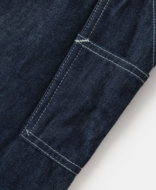 Indigo denim painter pants with stitched pocket seam detail