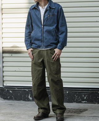 Indigo stonewashed zip-up denim work jacket with stand collar and flap chest pocket