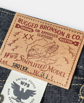 Indigo denim jeans leather brand patch with RUGGED BRONSON & CO text