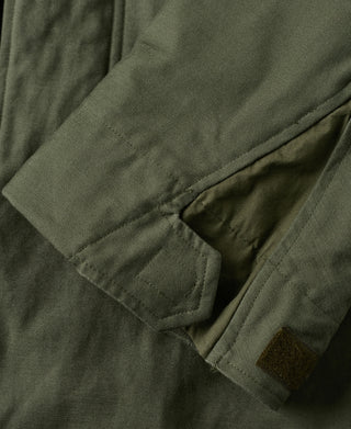 Olive field jacket front pocket with flap and stitching