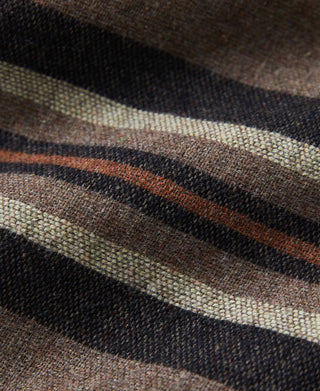 Plaid blanket lining with tan, black, and brown stripes along jacket interior