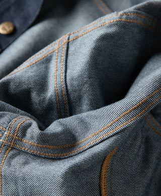 Indigo denim jacket collar edge with orange-brown contrast topstitching
