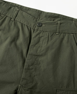 Olive fatigue pants waistband with button closure and side pocket, close-up