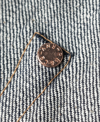 Dark denim jeans coin-style metal rivet button on pocket edge