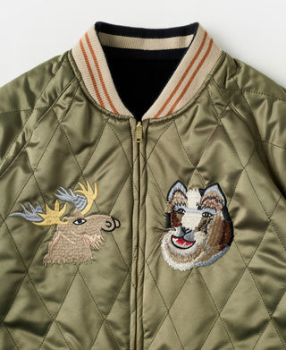 Reversible souvenir jacket in olive with embroidered animal patches and zip front