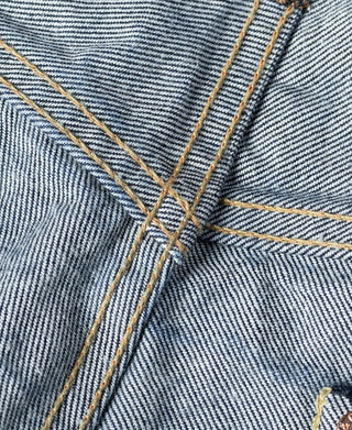 Indigo denim jeans pocket seam with triple-stitch bar tack and gold thread