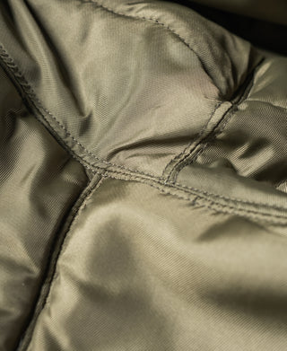 Olive parka front pocket flap with topstitching