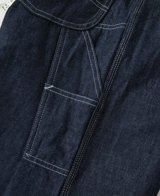 Indigo denim painter pants with curved yoke and large front pocket
