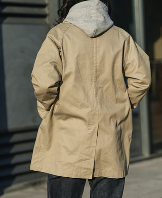 Khaki all-weather trench coat with hood, long sleeves, front button closure
