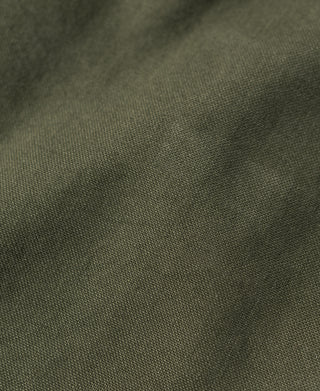 Olive fatigue jacket fabric close-up with woven texture