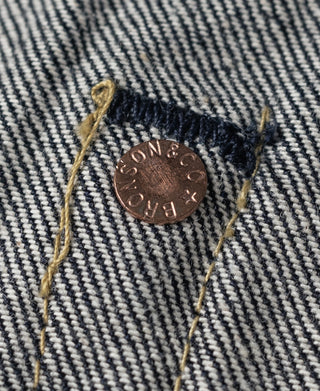 Indigo denim jeans copper rivet stamped with Bronson lettering and stars