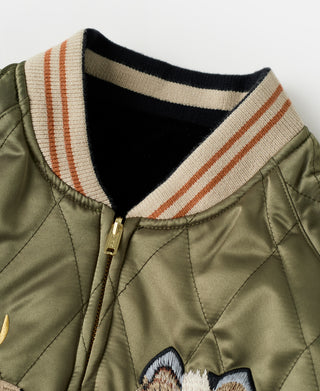 Olive reversible souvenir jacket with striped ribbed collar and zip front