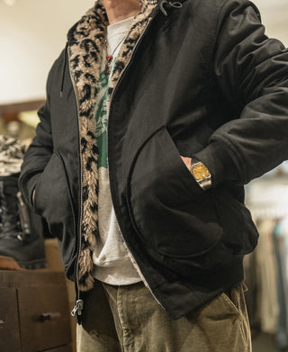 Black reversible deck jacket with leopard-print lining showing through the open zip