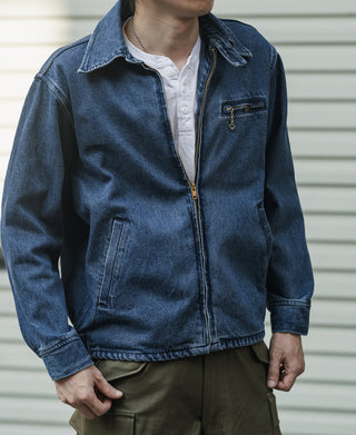 Indigo stonewashed zip-up denim jacket with chest pocket and front zipper