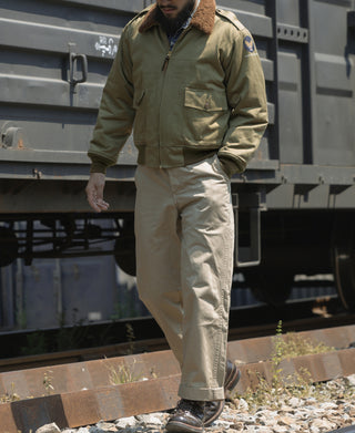 Khaki green Type B-10 flight jacket with zip front and chest patch pockets