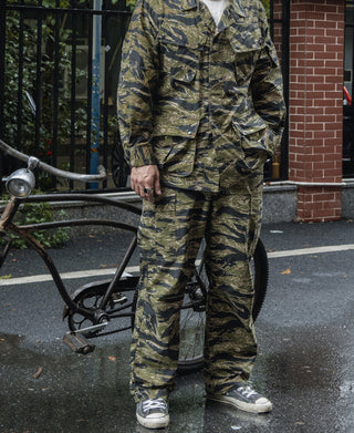 Tiger stripe camo fatigue pants with front pockets and relaxed straight legs