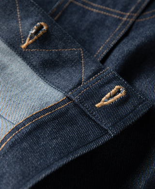 Indigo denim jacket pocket flap and button placket stitching with contrast thread