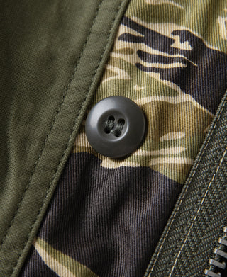Tiger stripe camo field jacket: large dark button on jacket placket detail