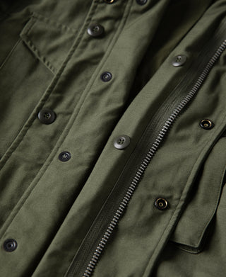 Olive field jacket front with button placket and visible zipper underlap