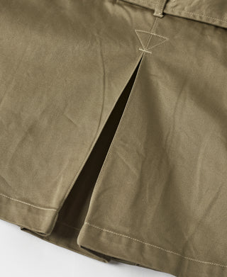 Khaki green jacket back vent with triangular stitched panel detail