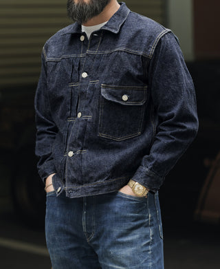 Indigo Type 1 denim jacket side view, flap chest pockets and button cuffs