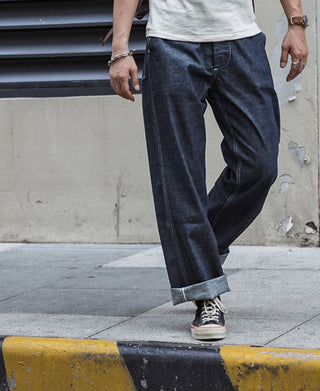 Indigo denim fatigue pants, cuffed hem and side pockets