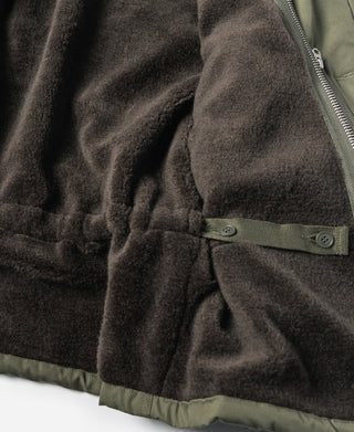 Olive flight jacket sleeve cuff with snap strap and ribbed hem trim.