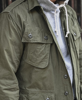 Olive fatigue jacket side flap pocket with metal buttons and stitching
