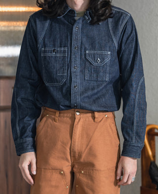 Indigo denim work shirt with two chest pockets and button front, long sleeves