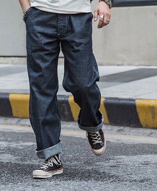 Indigo denim fatigue pants with relaxed fit and belt loops