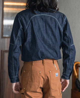 Indigo denim work shirt back view with yoke seam and buttoned cuff detail