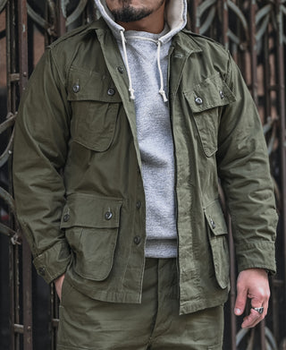 Olive fatigue jacket with flap chest pockets and front button closure