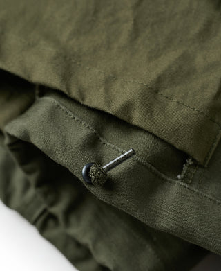 Olive field jacket cuff detail with drawstring and stitched seam