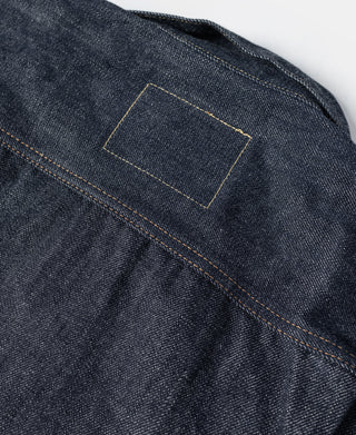Indigo denim jacket chest patch pocket with rectangular stitched label