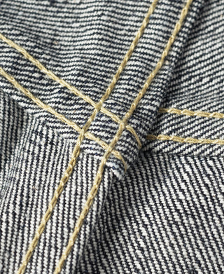 Indigo denim jeans close-up of crossbar stitching at a reinforced intersection