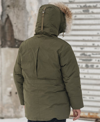 Olive down parka back view with faux-fur hood trim and stitched shoulder panels