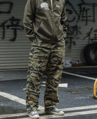 Tiger stripe camo fatigue pants with front cargo pockets, full-body streetwear view