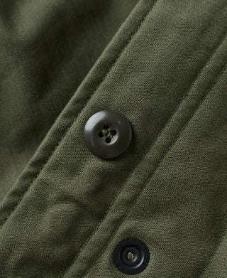 Olive field jacket button placket with two dark buttons